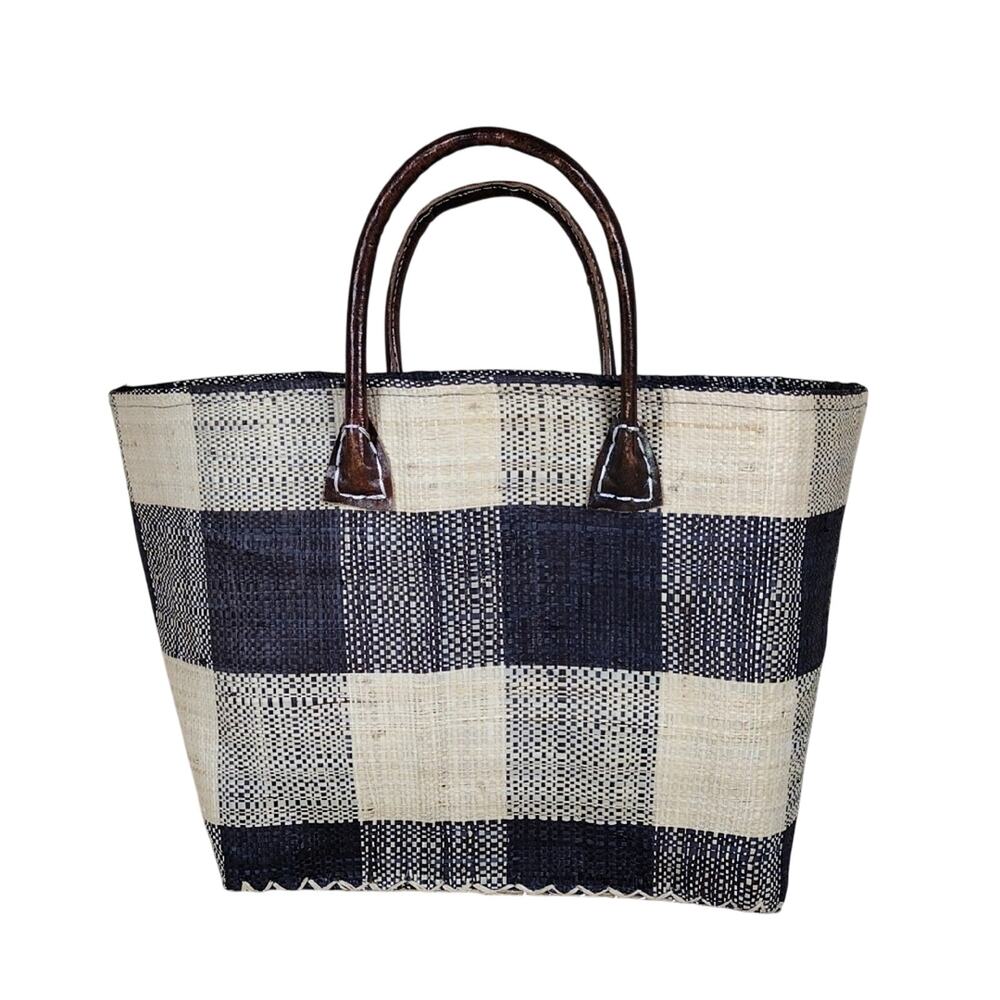 Onigo Natural Fibers Tote Bag Black Cream Checkered Woven Basket Purse
